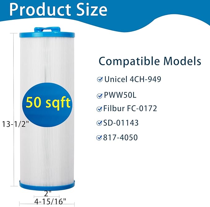 4CH-949 Spa Filter Replaces Unicel 4CH-949, PWW50L, Filbur FC-0172, SD-01143, 817-4050, Rising Dragon 50, Waterway Teleweir 50 sqft Filter Cartridge 2 Pack