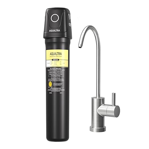 AQUALTRA USF02-BKF Under Sink Water Filter System, 20K Gallons with Faucet, NSF/ANSI 372/CAN Certified, 0.5 μm Filter Reduces PFOA/PFOS, Chlorine, Lead, Chloramine, Fluoride, Bad Taste & Odor