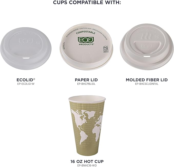 ECO PRODUCTS Compostable Disposable Insulated World Art 16oz Large Coffee Cups, Pack of 40, Renewable Double-wall Hot Paper Cup, Plant Based PLA Lining, No Sleeves Needed, Color Coded