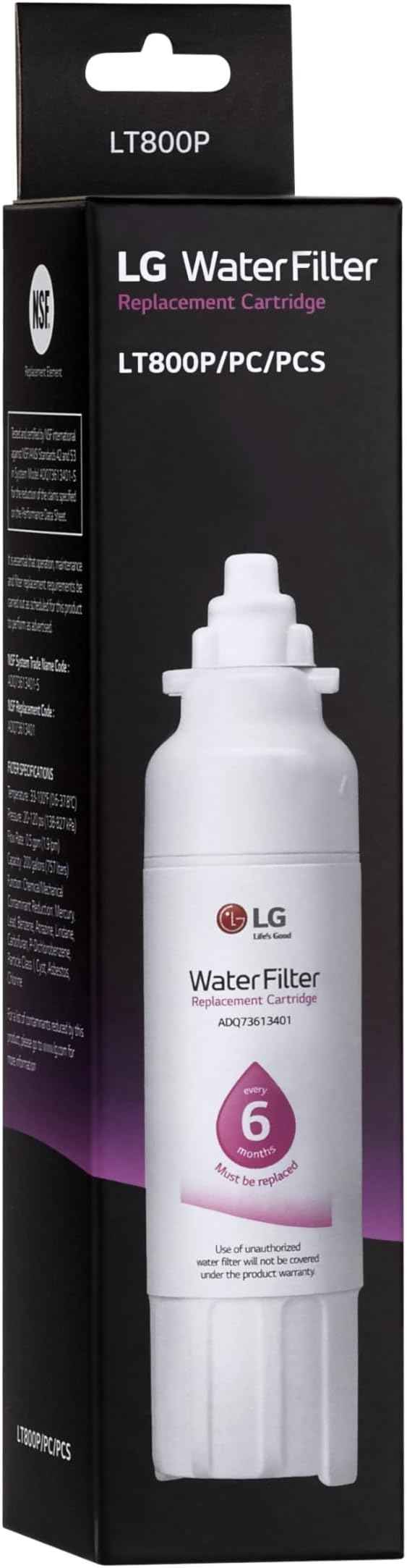 LG LT800P- 6 Month / 200 Gallon Capacity Replacement Refrigerator Water Filter (NSF42 and NSF53) ADQ73613401, ADQ73613408, or ADQ75795104, White