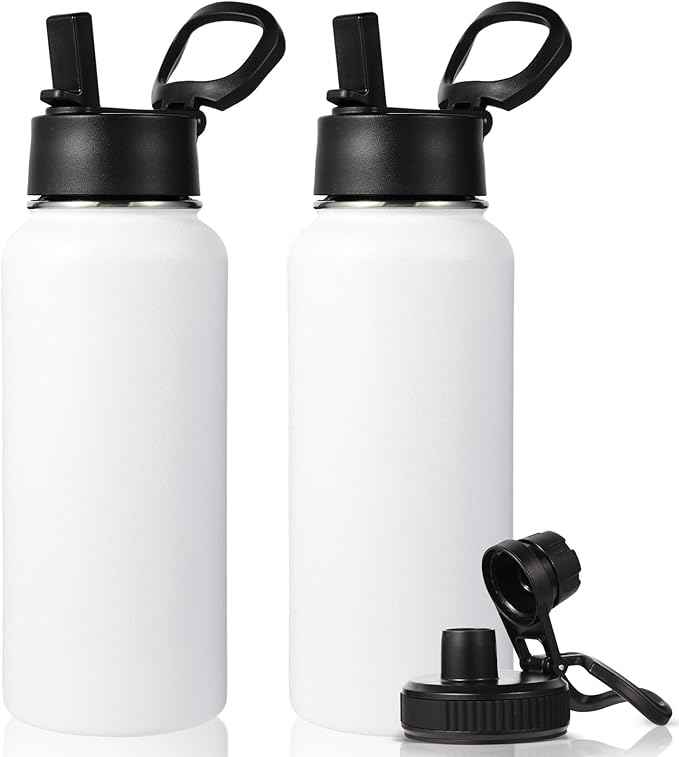 Neihepal 32 oz Insulated Water Bottles with 2 Lids (Straw & Spout Lid), 18/8 Stainless Steel Double Wall Water Bottle for Gym, Travel, Camping, Sports (White,2 Pack)