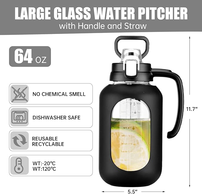 64 oz Glass Water Bottle with Handle and Straw Large 2L Water Bottle with Time Markers and Silicone Sleeve Half Gallon Water Jug BPA Free for Gym Daily Use