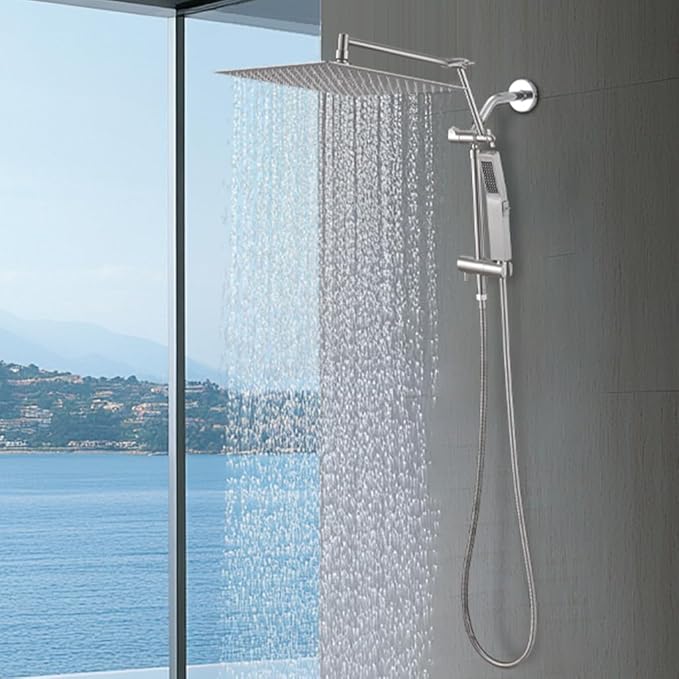 All Metal 12 Inch Rain Shower Head with Handheld Spray Combo, High Pressure Waterfall Rainfall Square Shower Heads with 16" Adjustable Extension Arm, Dual Showerhead with 3-Way Diverter,Brushed Nickel