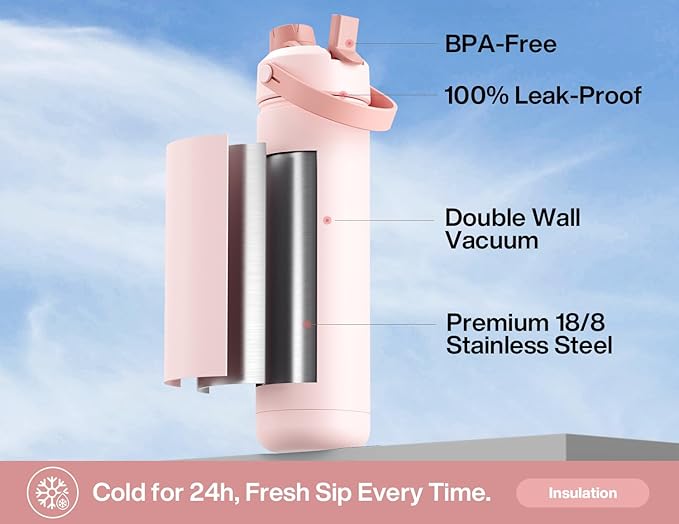 POWCAN 26 oz Insulated Water Bottle with 2-in-1 Straw and Spout Lid, Keep Cold 24H, Leak-Proof, Fits in Car Cup Holder, Stainless Steel Water Bottle for Sports, Travel, Gift, and School (Bow Crush)