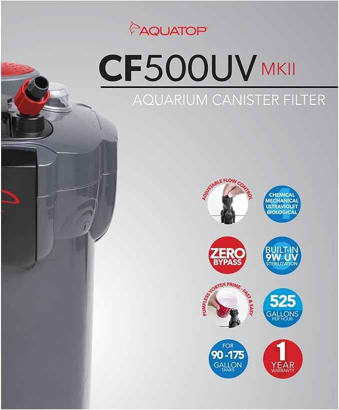 Aquatop 5-Stage Canister Filter with Vortex Prime, 9W UV, 525GPH Flow Rate, 55W Power, Up to 175 Gal – Including All Filtration Media, Great for Salt & Freshwater Tanks, UV for Crystal Clear Water