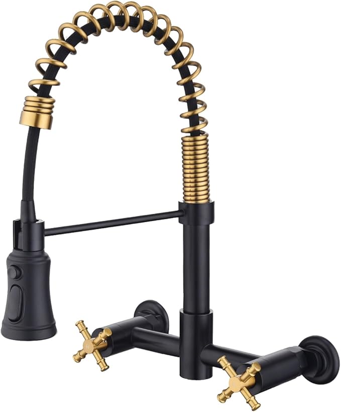 Wall Mount Kitchen Faucet, 8 Inch Center Wall Mount Faucet with Pull Down Sprayer, Commercial Spring Wall Faucet for Kitchen Sink, 3 Functions, Dual Handle, 304 Stainless Steel, Black and Brushed Gold