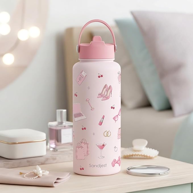 Girly Things Gift for Women, Water Bottle Stainless Steel 32oz with Lid & Straw, Pink Aesthetic Insulated Bottles Gifts for Girls Friends Teens Birthday Christmas