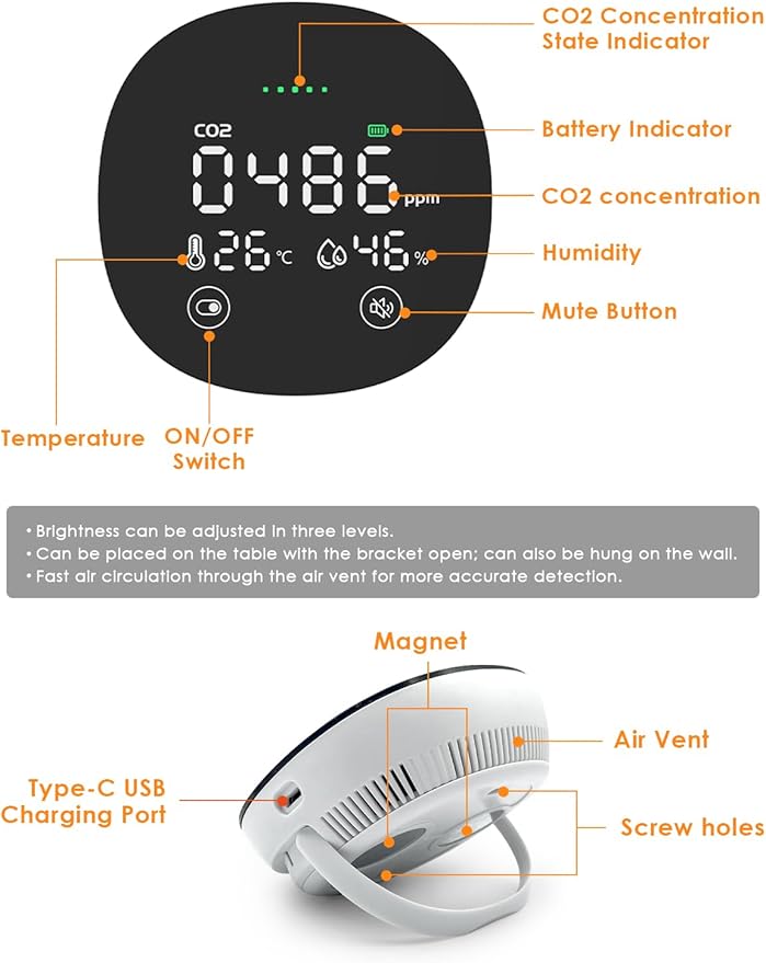 CO2 Monitor, 3 in 1 CO2 Detector Temperature and Humidity Air Quality Monitor Carbon Dioxide Detector for Travel Portable CO2 Tester Indoor Air Quality Monitor for Home School Office