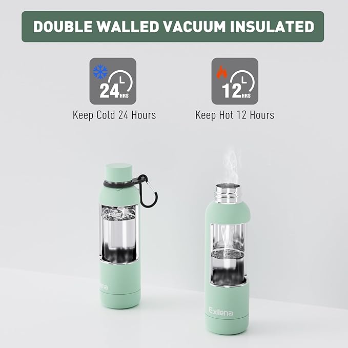 Exllena Slim Insulated Water Bottles for Travel 18oz with Clip, Double Wall Vacuum Stainless Steel Water Bottle Keeps Drinks Cold 24 Hrs/Hot 12 Hrs, 100% Leakproof, BPA Free(Mint)
