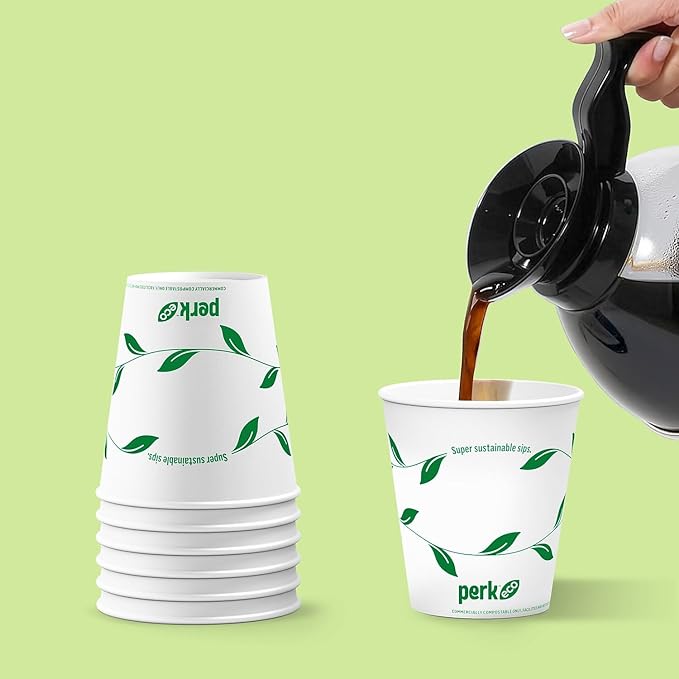 Perk Eco Compostable Paper Hot Cups, 10 Oz Disposable Cups for Hot Beverages, White/Green