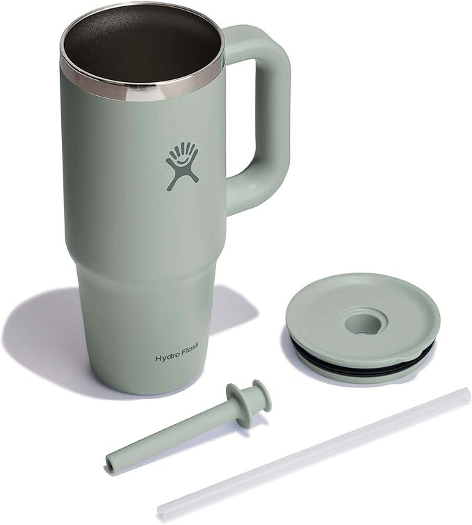 Hydro Flask Travel Tumbler with Handle, Lid and Straw - Insulated Stainless Steel in 24 Oz Tonal Agave