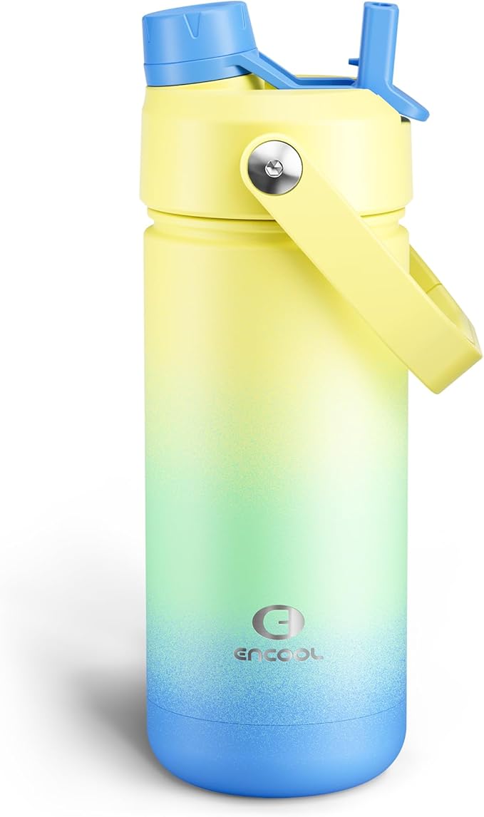 ENCOOL Insulated Water Bottle with Straw Stainless Steel Water Bottle, Leak-Proof, BPA-Free, Double Wall Vacuum Keeps Cold for 24 Hours for Sports, Travel, School (18 oz, Soft Lagoon)