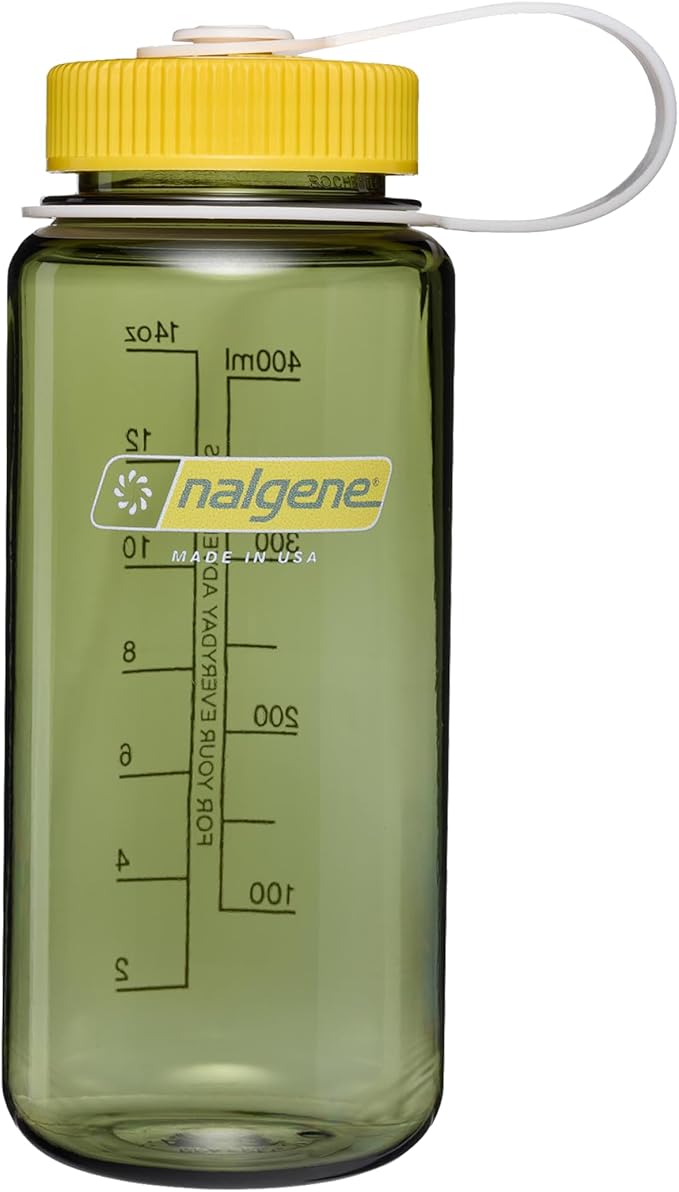 Nalgene 16 oz Wide Mouth Water Bottle | BPA-Free, Durable & Leak Proof, Lightweight, Fits In Cupholders – Thrill & Motion, Oil Green w/Freesia