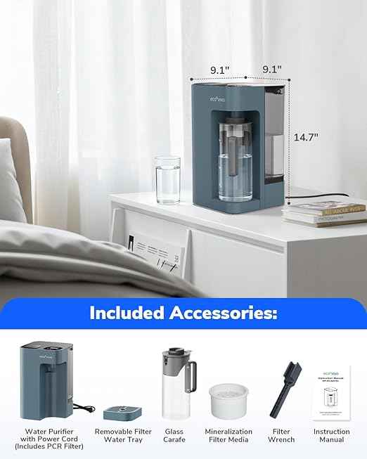 Mate 3 Reverse Osmosis Water Filter Countertop, 3:1 Pure to Drain, Smart Autofill Pitcher, No Installation Water Purifier, 8 Stage RO Water Filtration, with Remineralization, Blue