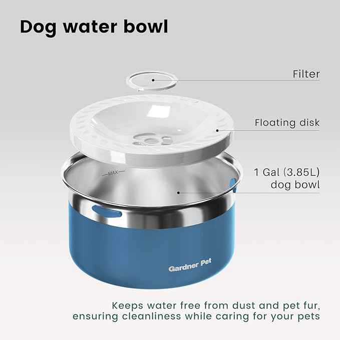 Gardner Pet Dog Bowls 1 Gallon (3.85L) Stainless Steel No Spill Dog Water Bowl, Slow Water Feeder Metal Bowls, Spill Proof Water Dispenser for Large Dogs, Promotes Healthy Hydration(Blue)