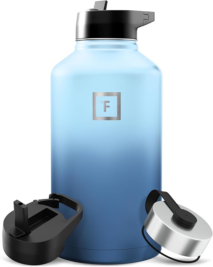 IRON °FLASK Camping & Hiking Hydration Flask with Straw, Wide Mouth Insulated Stainless Steel Sports Water Bottle - 64 oz Blue Waves