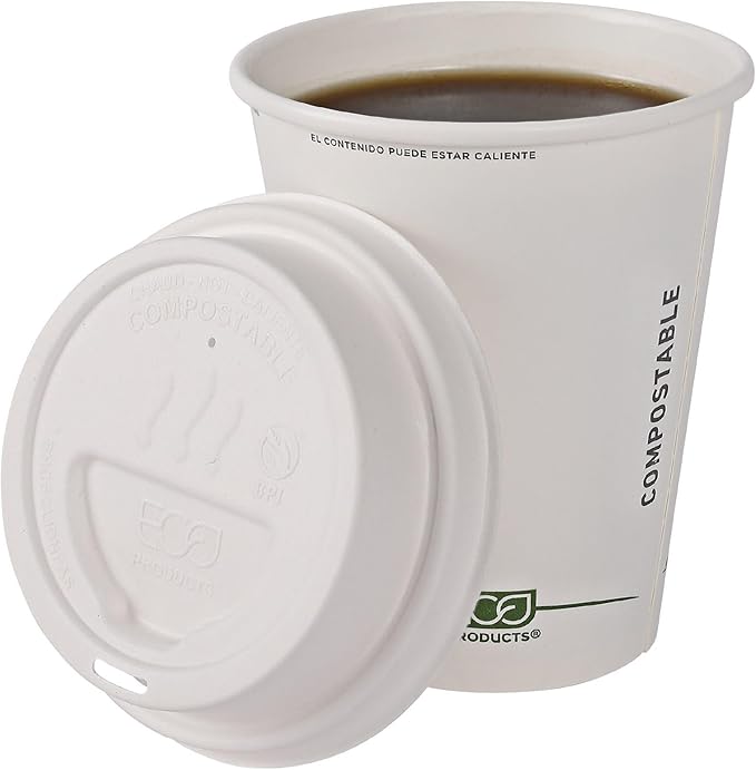 Eco-Products Compostable Molded Fiber Coffee Cup Lids, Case of 1000, White GreenStripe Tops, Fits 8oz Hot Cups, Disposable White Molded Fiber, No PFAS, Tree-Free, ASTM Compliant, BPI-Certified