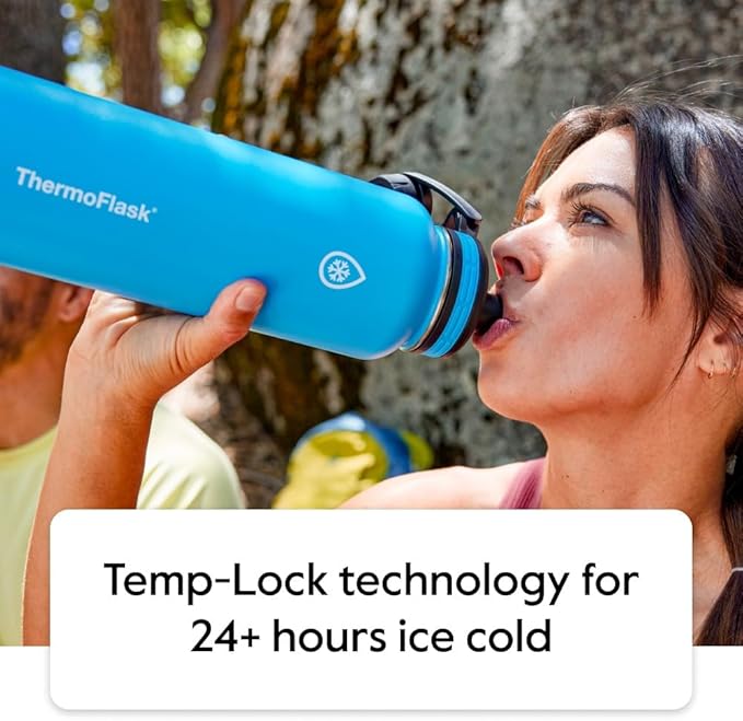 ThermoFlask Stainless Steel Water Bottles 2-Pack - Double-Wall Vacuum Insulated 24 oz BPA-Free Spout Lids - Keeps Drinks Cold 24 Hrs, Hot 12 Hrs - Leakproof, Dishwasher Safe, Mayan Blue/Black