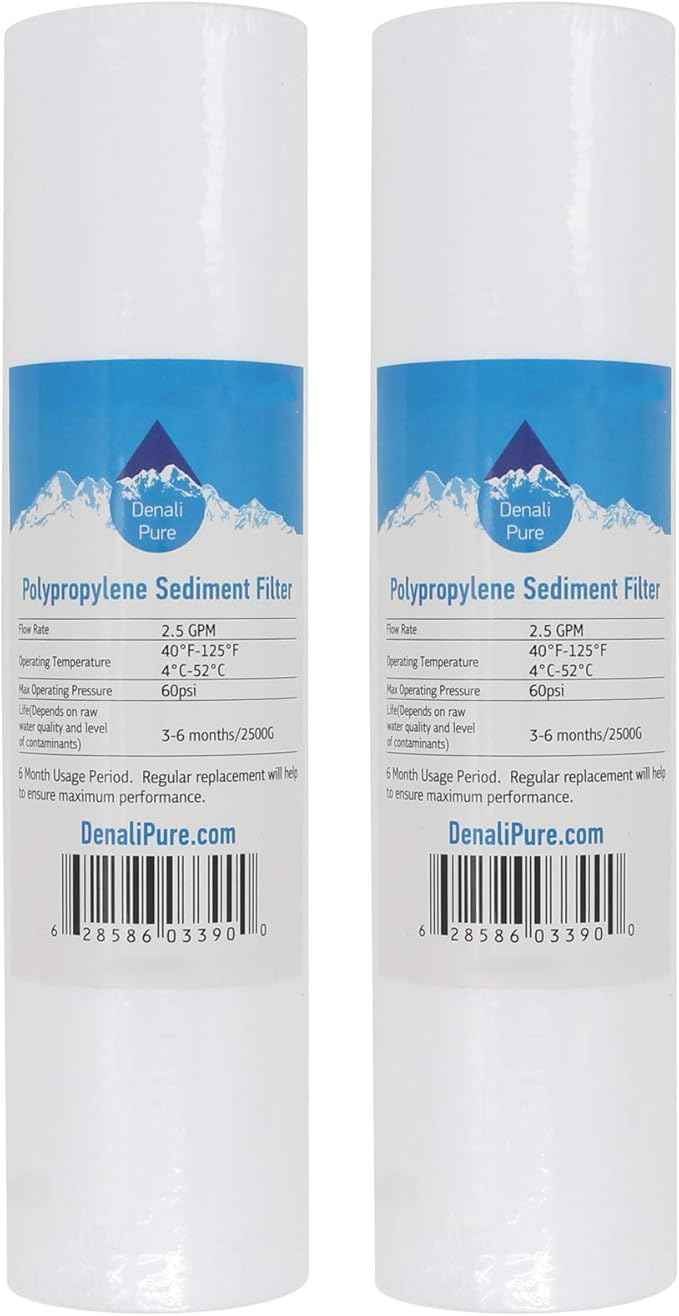 2-Pack Replacement for APEC ROES-50 Polypropylene Sediment Filter - Universal 10-inch 5-Micron Cartridge Compatible with APEC ROES-50 - Essence 5-Stage 50 GPD Reverse Osmosis System - Denali Pure