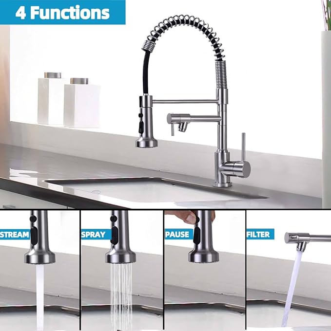 Kitchen Faucet with Sprayer, RV Faucet for Kitchen Sink, Single Handle Stainless Steel Kitchen Sink Faucets with Dual Function Spray Head, Nickel Brushed
