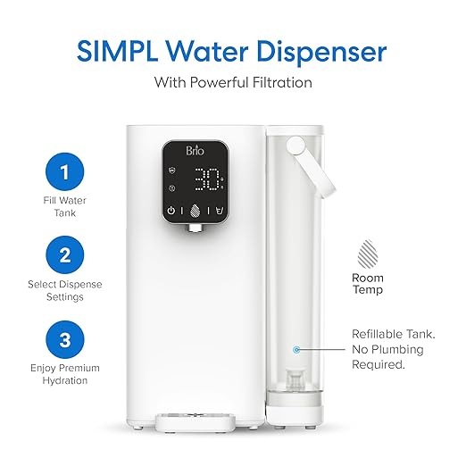 Brio SIMPL W2 Countertop Water Dispenser w/Refillable 2.5L Water Tank, 2-in-1 Sediment & Carbon Filter Included, Room Temp., LED Display w/Touch Buttons, No Plumbing Necessary, White