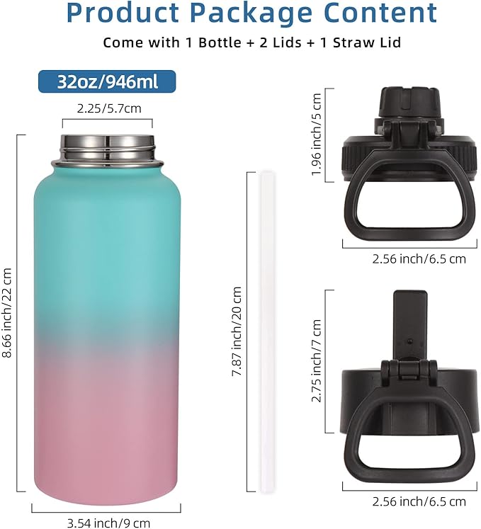 Volhoply 32 oz Water Bottles Bulk 2 Pack with Straw Lid & Spout Lid,Insulated Sports Water Bottle,Double Wall Vacuum Stainless Steel Cups,Leakproof Wide Mouth Metal Flask for Travel(Green Pink,2)