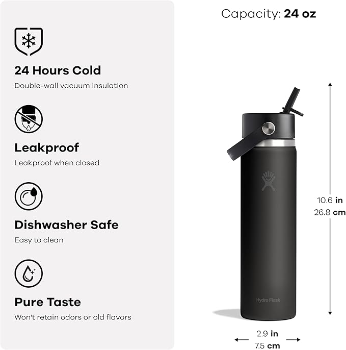 Hydro Flask Water Bottle - Insulated Stainless Steel - Wide Straw Lid, Non Spill, Leakproof in 24 Oz Shale Gray