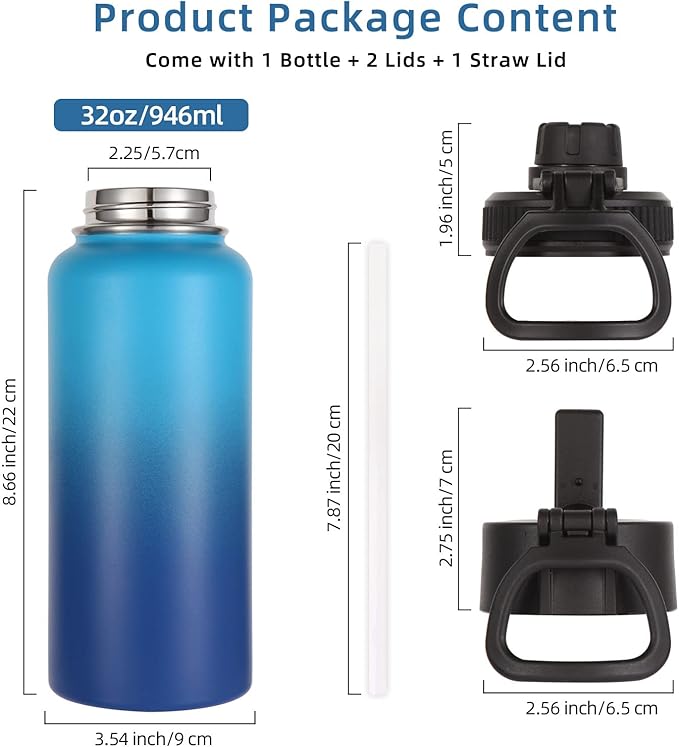 Volhoply 32 oz Water Bottles Bulk 4 Pack with Straw Lid & Spout Lid,Insulated Sports Water Bottle,Double Wall Vacuum Stainless Steel Cups,Leakproof Wide Mouth Metal Flask for Travel(Green Blue,4)