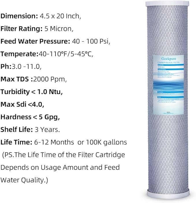 Geekpure Whole House PP Sediment and Carbon Block Replacement Filters -4.5 Inch x 20 Inch -5 Micron