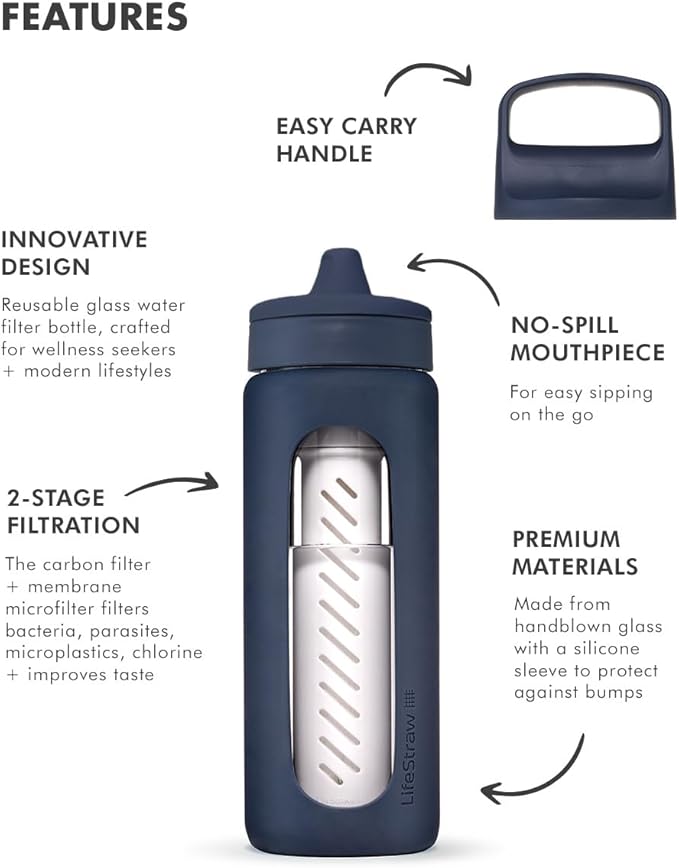LifeStraw Go Series – Glass Water Filter Bottle Made from Hand-Blown Glass with Silicone Sleeve for Hydration at Home or on-The-go, Aegean Sea, 20oz