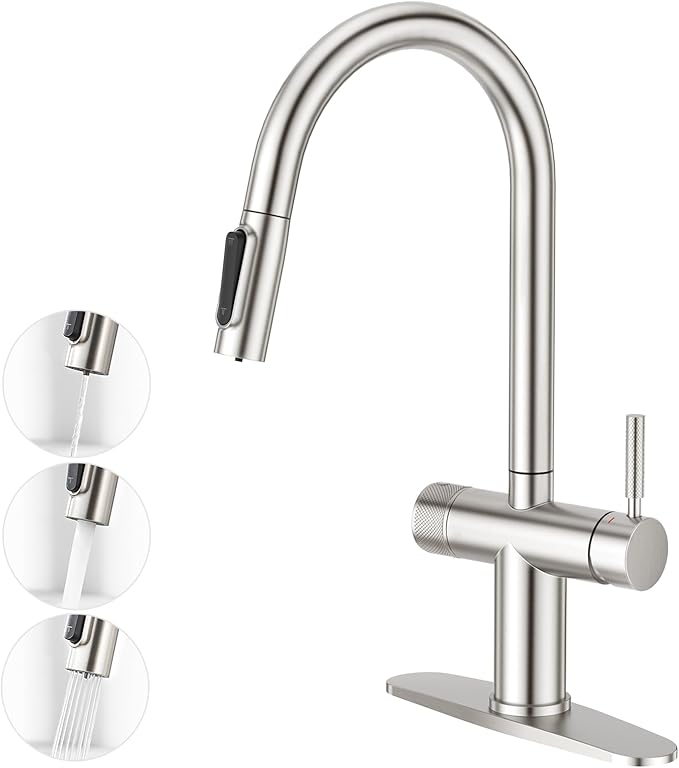 CREA 3 Way Kitchen Faucet with Filtered Water Outlet & Pull Down Sprayer, Stainless Steel Kitchen Faucets Use with Water Filter, Drinking Water Faucet for Kitchen Sink Reverse Osmosis (RO), Brushed