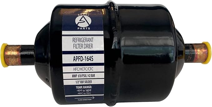 Appli Parts APFD-164S 1/2 in Liquid Line Refrigerant AC Filter Drier hvac Refrigeration 164S ODF Sweat Solder connection universal unidirectional 7in long 3in wide