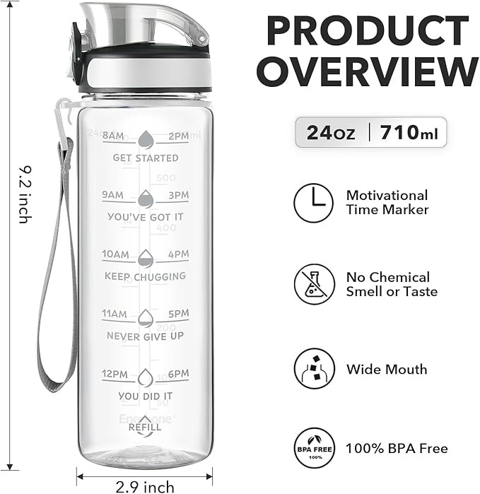 Enerbone Water Bottle, Leakproof BPA & Toxic Free, Motivational Water Bottle with Times to Drink and Straw, Fitness Sports Water Bottle with Strap for Office, Gym, Outdoor Sports