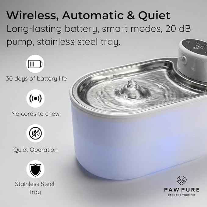 Wireless Cat Water Fountain 3L/108oz, Cordless Battery‑Operated Pet Fountain with Stainless Steel Drinking Tray, Quiet 20 dB Automatic Modes, BPA‑Free Easy‑Clean Water Dispenser for Cats & Small Dogs