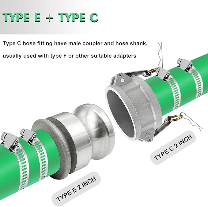 SAFBY 2PCS 2 inch Type C and Type E, Pin Lug, Aluminum Cam Lock Fittings Cam Groove Camlock, Male and Female Adapter with Hose Fitting 2PCS Whip Stop Hose Restraint 6PCS Hose Clamps