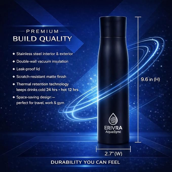 AquaSync Smart Self-Cleaning Water Bottle 17oz Vacuum Insulated Stainless Steel with UV-C Light Technology LED Temperature Display & USB-C Rechargeable Battery
