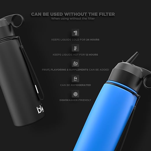 BLU All-in-ONE | Water Filter Flask | Vacuum Insulated Stainless Steel Bottle | Portable Water Filter Purifier (26oz) | Made in USA | Removes 99.99% Contaminants (pH Filter)