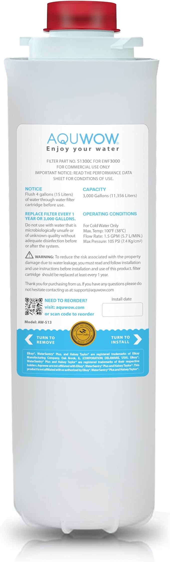 51300C Replacement Water Filter For Premium Filtration – Compatible with Elkay 51300C, 55898C, ERF750, EWF3000 – No Chip, Extended Service Life (1, 12") - AquaVibe
