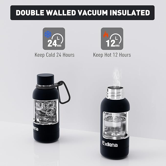 Exllena Small Water Bottle 12oz with Clip, Double Wall Stainless Steel Vacuum Small Insulated Water Bottle Keeps Drinks Cold 24 Hrs/Hot 12 Hrs for Kids Handbag School BPA Free (Black)