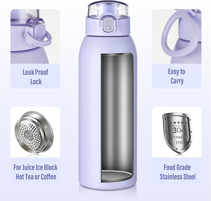 Insulated Water Bottle 24 oz with Dustproof Lid, Carry Handle & Tea Infuser, BPA-Free & Leakproof, Stainless Steel Water Bottles Ideal for Fitness, Hiking, Office & Outdoor Use （Light Purple）