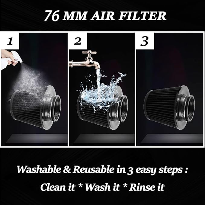 muge racing 3-inch Cold Air Intake Filter 76mm, High Performance Clamp-On Engine Intake Air Filter, Washable Reusable & Universal Round Tapered Replacement Air Filter, Black