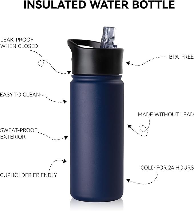 16 oz Insulated Water Bottle for School, Straw & Spout Lid, Keep Cold 24H, Spill Proof, BPA-Free, Double Wall Stainless Steel Kids Water Bottles for Sports, Gym, Travel, Navy Blue