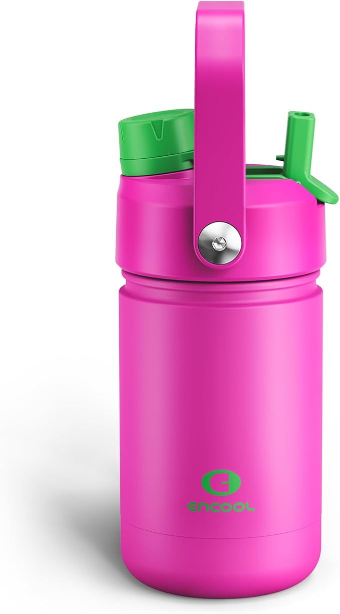 ENCOOL Kids Insulated Water Bottle with Straw - 12oz Stainless Steel Water Bottle with Dual Spouts, Leak-Proof, BPA-Free, Double Wall Vacuum Keeps Cold for 24 Hours for Sports, Travel (Knockout Pink)