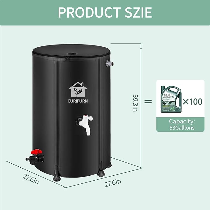 100 Gallon Rain Water Barrel, Portable Rainwater Collect System Water Storage Tank Collapsible Rain Barrel with Filter, Spigot & Overflow Kit (Reinforced Liner+Thickened Legs) - Black