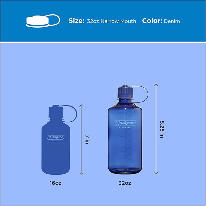 Nalgene 32 oz Narrow Mouth Water Bottle | BPA-Free, Durable & Leak Proof, Lightweight Bottle for Gym, Office & Travel, Denim