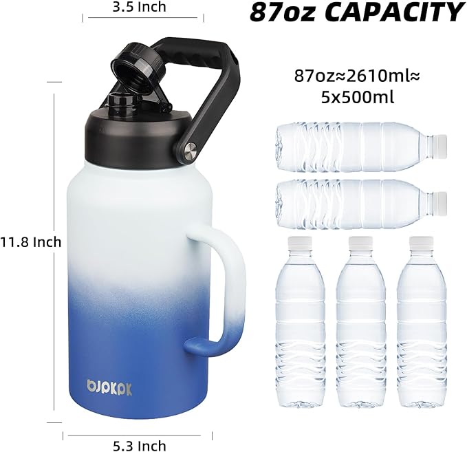 BJPKPK 87oz Insulated Water Bottle with Handle, Large Dishwasher Safe 2/3 Gallon Water Bottle, BPA Free Water Jug, Wide Mouth Metal Flasks with Anti-slip Bottom, Keep Cold & Hot,Sky