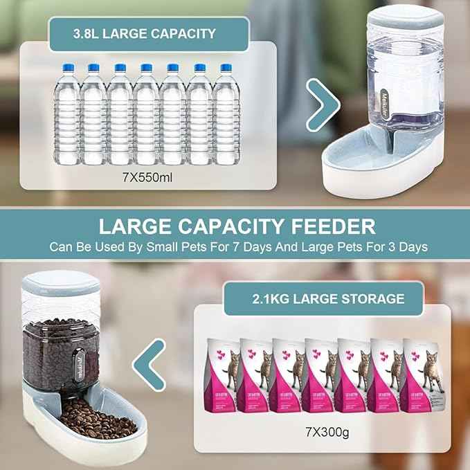 Meikuler Automatic Dog Cat Feeder and Water Dispenser Set,Waterer and Gravity Food Feeder for Small & Medium Dogs Cats Puppies,Large Capacity 1 Gallon x 2 (Grey)