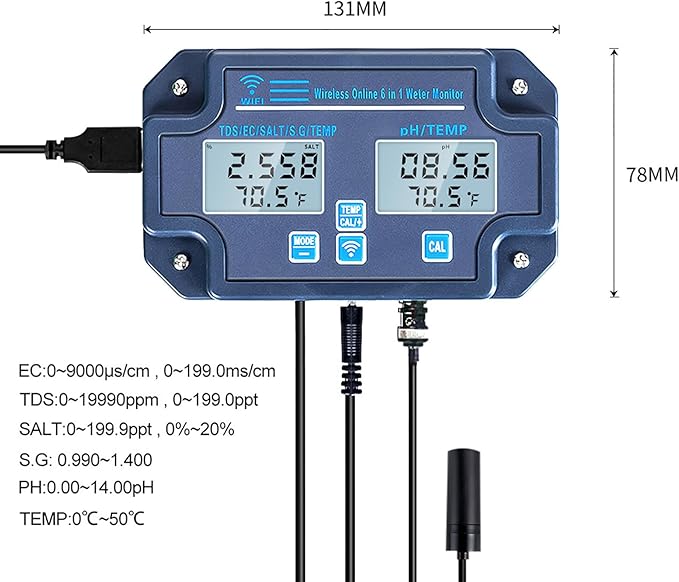 WIKINK Water Quality Tester, 6 in 1 WiFi Smart PH Meter Data Logger Temp TDS Salinity S.G. EC ORP Analyzer with Digital Display, for Hydroponics, Pools, Spa