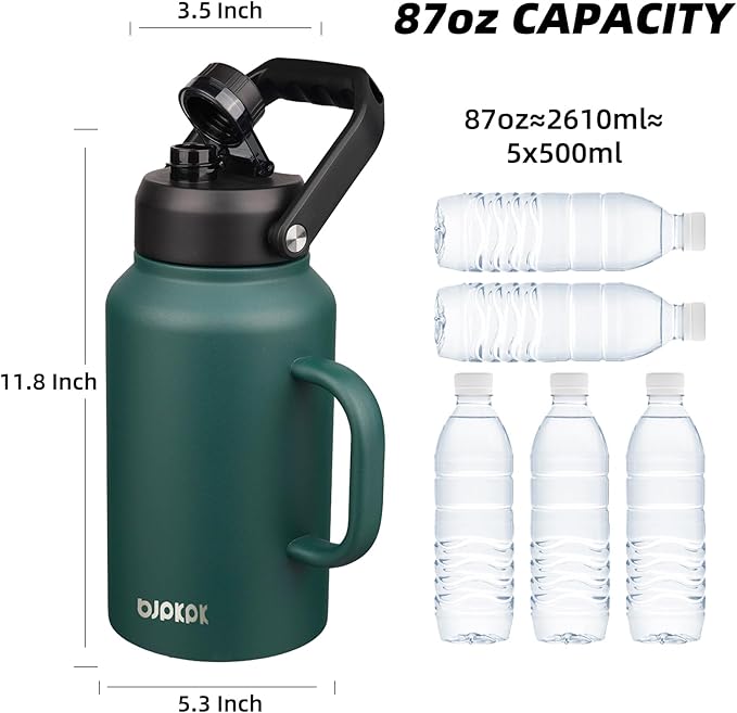 BJPKPK 87oz Insulated Water Bottle with Handle, Large Dishwasher Safe 2/3 Gallon Water Bottle, BPA Free Water Jug, Wide Mouth Metal Flasks with Anti-slip Bottom, Keep Cold & Hot,Army Green