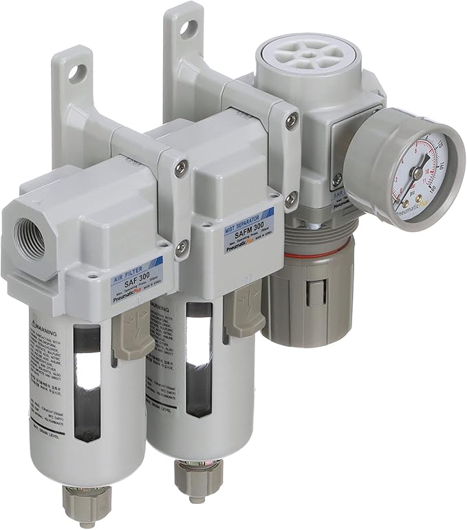 PneumaticPlus SAU330-N03G Three Stage Compressed Air Drying System - Particulate Air Filter, Coalescing Filter, Air Pressure Regulator Combo 3/8" NPT - Poly Bowl, Manual Drain, Gauge - AquaVibe
